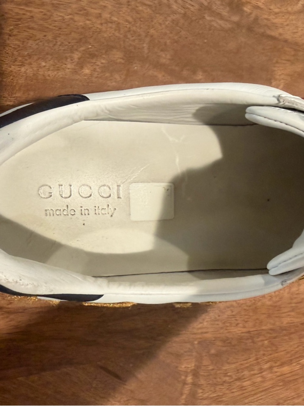 Gucci White Leather Low-Top Sneakers with Gold 'LOVED' Patch and Red & Navy Web - Picture 9 of 11